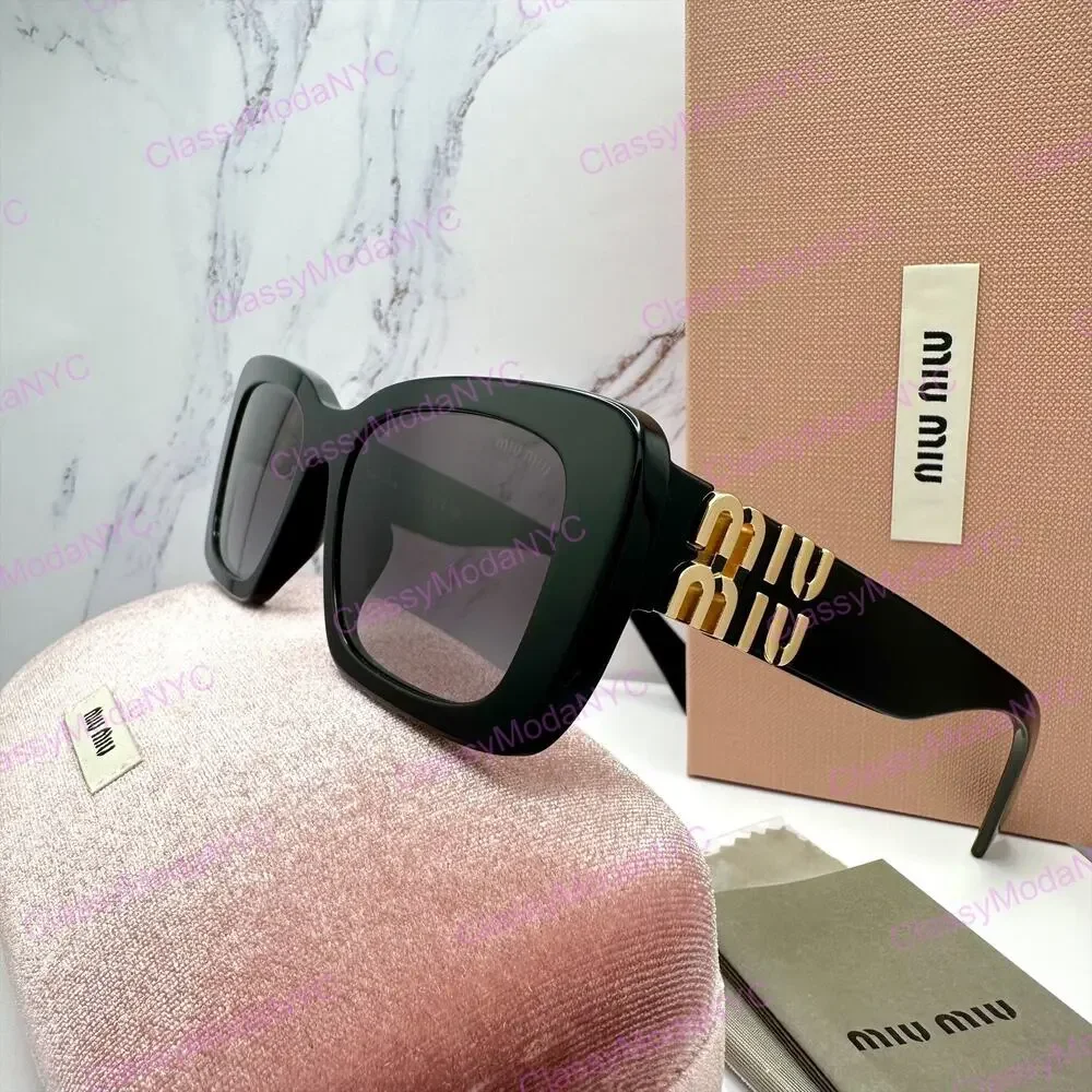 New MIU MIU Sunglasses Black Square Acetate Gold Metal Logo Italy Authentic
